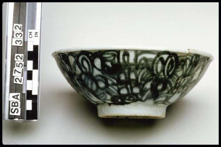 Rice bowl: shallow, wide. Origin: Chinese.; Excavated from Feature 110 (well: 9-10ft. below surface), Chinese laundry adobe, Santa Barbara, CA, 1992.