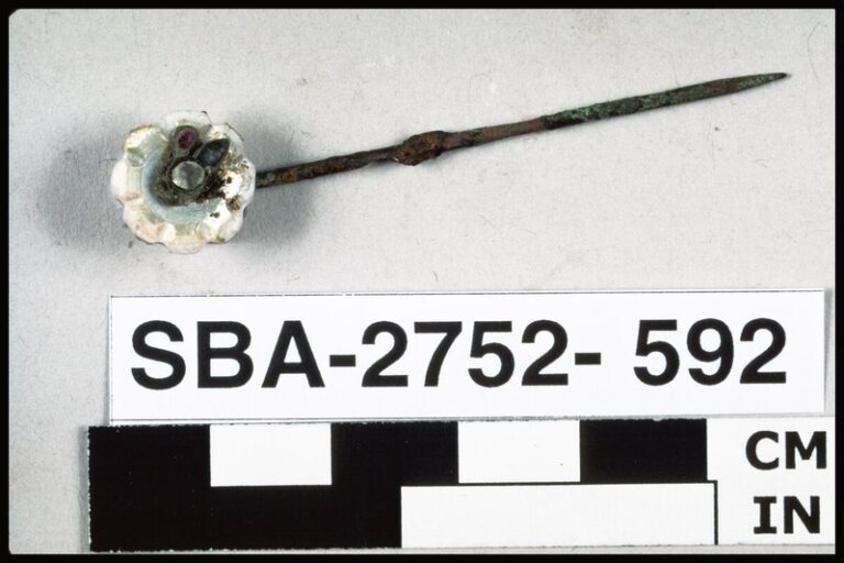 Stick pin: enamel bee on shell flower.; Excavated from Feature 112 (well: 11-12ft. below surface), Chinese laundry adobe, Santa Barbara, CA, 1992.