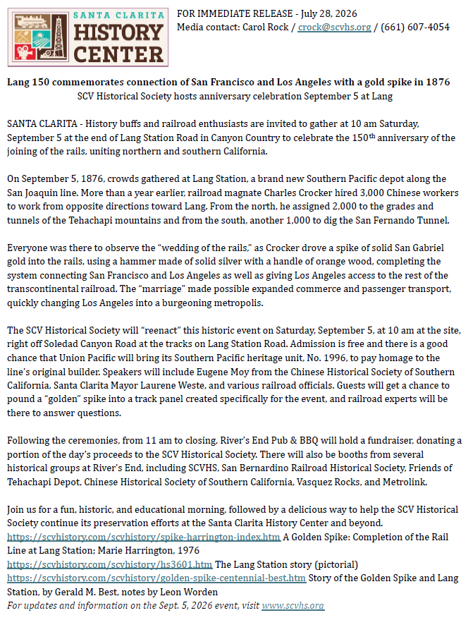Press Release for 150th Anniversary celebration of the completion of the rail line between San Francisco and Los Angeles.