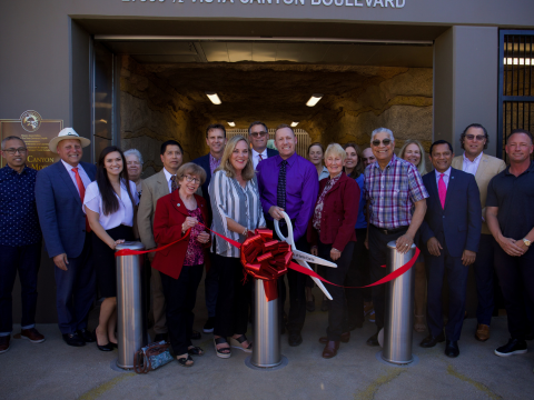 Group photo at ribbon cutting for new Vista Canyon Metrolink Station